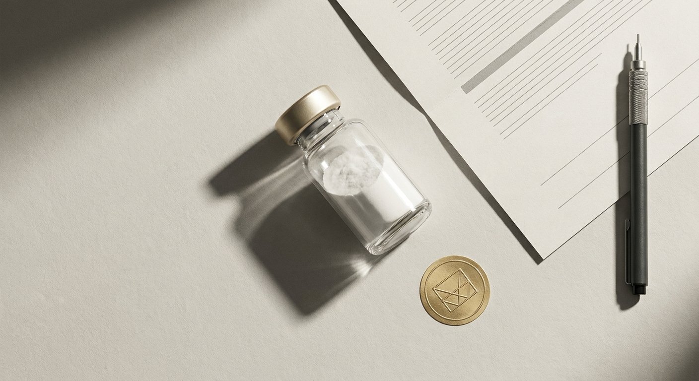 Top-down flatlay: lyophilized research vial, certificate of analysis, drafting pen, and embossed gold seal on bone paper